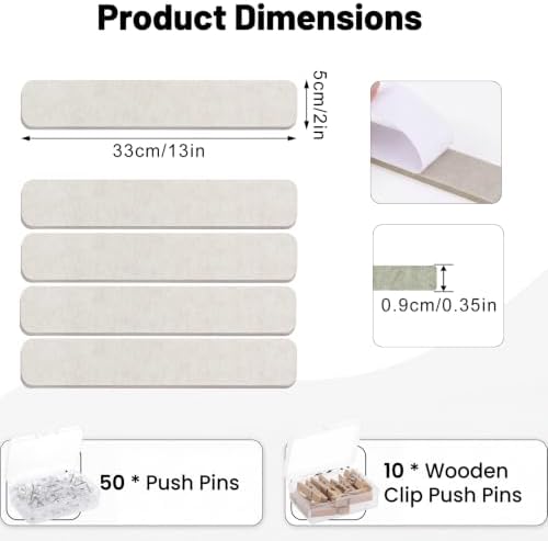Thboxes 8 Pack Felt Bulletin Board Strips, 13x2 Inch Self Adhesive Felt Pin Boards with 50 Pushpins and 10 Wooden Clips Push Pins, Cork Board for Walls Home Office Decor(Oatmeal)