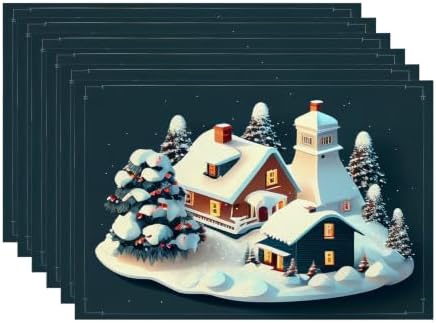 Batmerry Christmas Houses Linen Placemats Set of 6, Holiday Building Covered Snow Spruce Washable Table Mats for Kitchen Table Thickened Heat Insulation Dining Set Indoor Outdoor 12X18 in