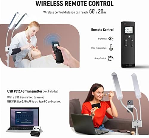 NEEWER Esthetician Light with Phone Holder & Travel Bag Kit, Support 2.4G/PC/MAC Control & Separate Control of 2 LED Light Heads, CRI98+ Bi Color Stepless Dimmable Tattoo Lighting Lash Lamp, BH40B