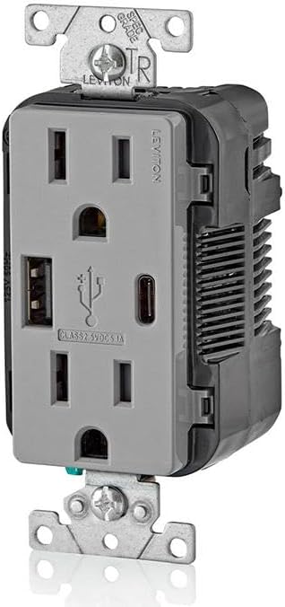 Leviton T5633-GY Type A & Type-C USB In-Wall Charger with 15A Tamper-Resistant Outlet, USB Charger for Smartphones and Tablets. Not for Laptops, Gray