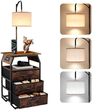VEVOR Floor Lamp with Table, End Table with 3 Drawers and 3 Color Temperature Lighting, Modern Side Table Bedside Nightstand with USB & Type C & AC Charging Port for Living Room, Bedroom, Dorm