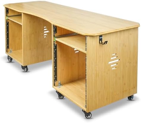 Sound Town Studio Desk Workstation with Dual 13U Side Rack Cabinets, Slide-Out Trays, Casters, for Recording Rooms and Home, Solid Carbonized Bamboo (SDRK-WS69CB)