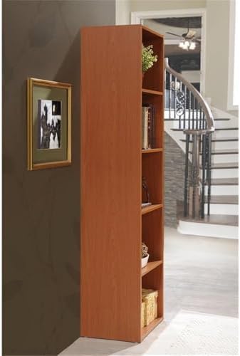 Pemberly Row 5-Shelf Wooden Bookcase, Cherry Finish, 59.06 in H x 15.91 in W x 11.77 in D, Slim Vertical Multi-Purpose Design, Contemporary Style for Bedroom, Office, Living Room Storage