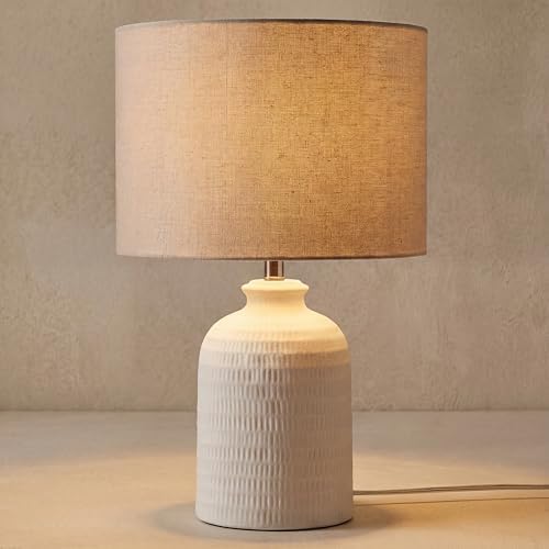 Nourison Home 24" White Textured Ceramic Table Lamp with Tan Linen Shade, Modern Accent Lamp, Bedside Lamp for Bedroom, Nightstand, Living Room