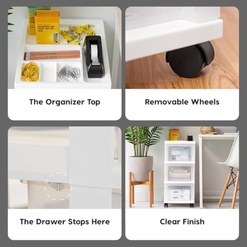 IRIS USA 3-Drawer Rolling Storage Cart, White/Clear