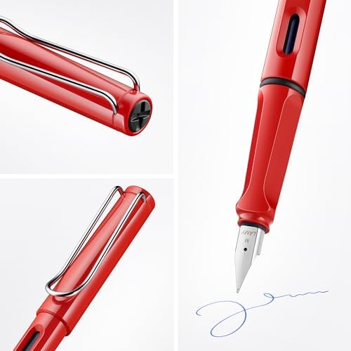 LAMY safari red - Fountain Pen with ergonomic grip & polished steel nib in size M - ideal for any Writing & Calligraphy - including LAMY T 10 blue cartridge - Right-Handed