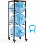 VEVOR Movable 5 Gallon Water Jug Holder for 3 Bottles, 3 or 5 Gallon Water Bottle Holder with Top Shelf, Lockable Casters, Handle, Heavy Duty Jug Rack Organizer for Kitchen, Home, Office, Black+Brown