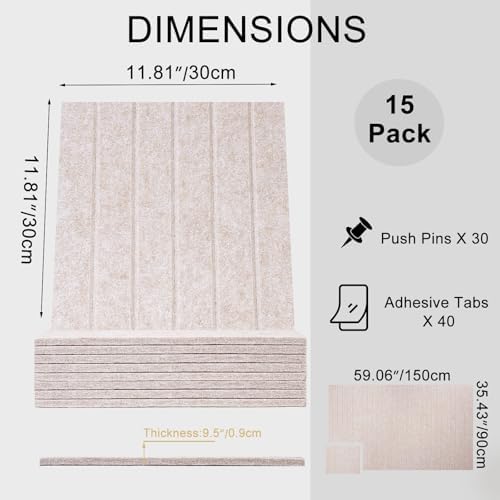 15 Pack Felt Bulletin Board Tiles (12x12 Inch) Self Adhesive Cork Board Alternative for Walls with 30 Push Pins Decorative Acoustic Panels & Pin Board for Home Office, Classroom, Vision Board Decor