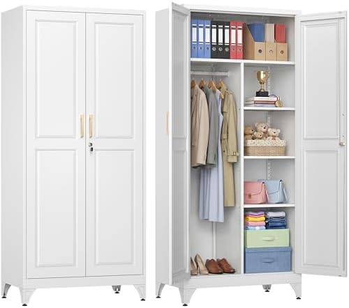 71" White Metal Wardrobe Closet with Lock, Tall Storage Cabinet with Hanging Rod & 3 Adjustable Shelves, Heavy Duty Steel Armoire for Bedroom, Laundry, Home Office, Minimalist Design