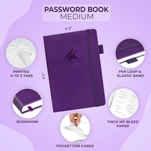 Clever Fox Password Book with Alphabetical Tabs, 5.3"x7.7" Keeper Purple