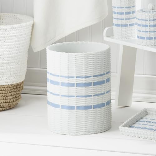 IZOD – Wastebasket, Wicker-Textured Hand-Painted Resin with Blue Stripe Detail, Coastal Home Decor – Perfect for Bathroom, Bedroom, Kitchen or Office (Savannah)