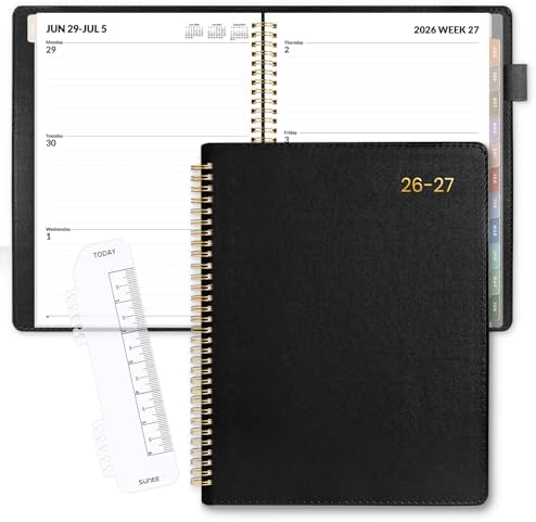 SUNEE 2026-2027 Weekly & Monthly Planner 9"x11.2" - 12 Month (July 2026 - June 2027), Vegan Leather Cover Planner Academic Year Calendar, Pocket, Notes, Monthly Tab, Black