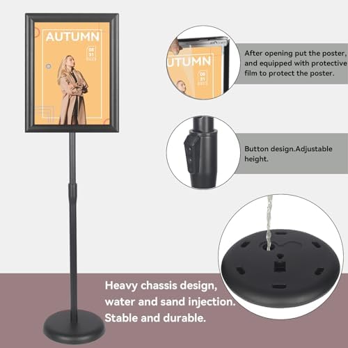 YDisplay Adjustable Sign Holder Stand with Base 11x17inches Aluminum Snap Open Frame Pedestal Sign Stand,Vertical and Horizontal View Sign Displayed, Round Base for Church Shool Office,Black