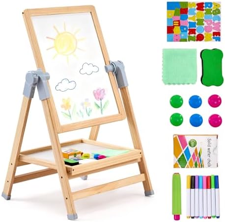 VEVOR Art Easel for Kids, 2-in-1 Wooden Double-Sided Kid's Art Easel with Magnetic Whiteboard & Chalkboard, Adjustable Standing Rotatable Foldable Drawing Board with Painting Accessories for Boy Girl