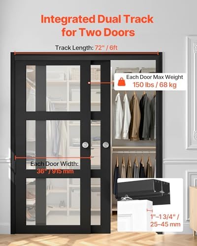 VEVOR Bypass Sliding Door Hardware Kit, 6 ft Aluminum Alloy Dual-Track Bypass Door Hardware, Smooth and Quiet Sliding, Easy to Install, for 1" to 1 3/4" Thickness 36" Width 2 Door System, for Closet