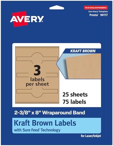 Avery® Kraft Brown Wraparound Band Labels, Sure Feed® Technology, 2-3/8" x 8", 75 Kraft Brown Labels, Laser/Inkjet Printable Labels