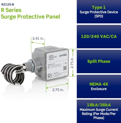 Leviton Type 1 Surge Protective Panel, Residential Home Surge Protection, 120/240 VAC, Split Phase, 36kA per Phase, R2120-B SPD, Gray