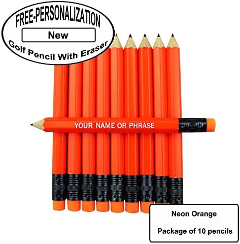 EZPENCILS & GIFTS - Golf Pencils Tipped with Eraser (1/2 a Pencil - Pew Pencils) - Neon Orange Colored Barrel - FREE-PERSONALIZATION - 2HB Black Lead - Custom Text - Non-Smear Eraser – Package of 10