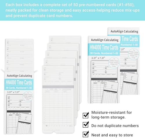 HN4000 Time Cards for Employee Time Clocks, Compatible with HN4000, HN2000, HN2500, HN4500, Card Numbers 1-50, Pre-Punched Holes, of 50 Cards, Separate Packaging (300)