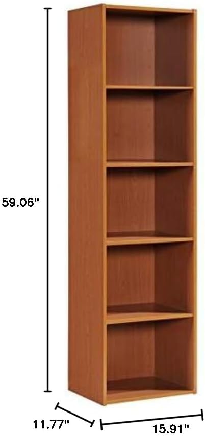 Pemberly Row 5-Shelf Wooden Bookcase, Cherry Finish, 59.06 in H x 15.91 in W x 11.77 in D, Slim Vertical Multi-Purpose Design, Contemporary Style for Bedroom, Office, Living Room Storage