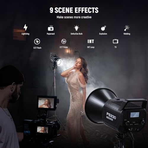 NEEWER FS230 230W COB Video Light 2.4G/APP Control, 110000lux/1m 5600K Daylight Bowens Mount Photography Continuous Output Lighting for Video Recording, Silent Fan, 9 Scenes 4 Dimming Types CRI97+