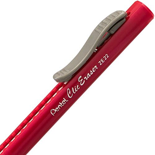 Pentel Clic Eraser Grip, Retractable Eraser, Red Barrel, Box of 12 (ZE22B)