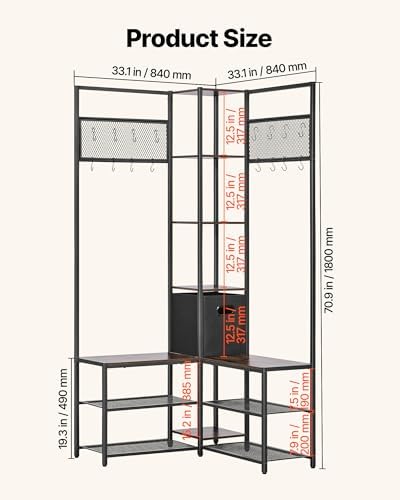 VEVOR Corner Hall Tree with Shoe Bench, 70.9 in Coat Rack with Hooks and Steel Frame, Freestanding Clothes Shoes Rack Storage Organizer with Anti-Tip Set, for Entrance, Closet, Office, Rustic Brown