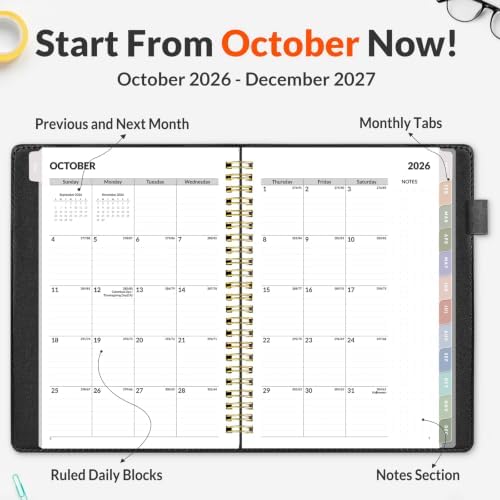 SUNEE 2027 Weekly & Monthly Planner 6.2"x8.5"- 12 Month (January 2027 - December 2027), Vegan Leather Cover, Pocket, Bookmark, Notes, Monthly Tab, Black