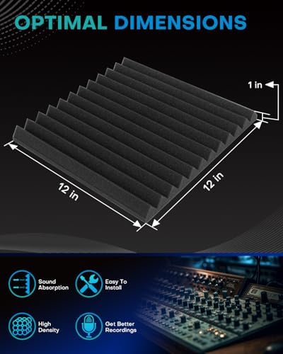 Knightsacoustic 48 Pack Sound Proof Foam Panels for Walls with Self Adhesive, 12x12x1 Acoustic Foam Panels, High Density Acoustic Panels Sound Absorbing, Fire Resistant Studio Sound Proofing Black