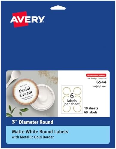 Avery Matte White Labels, Metallic Gold Borders, 3" Round Labels, 60 Total, Laser/Inkjet Printable (6544)