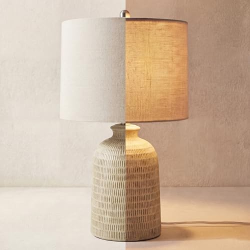 Nourison Home 24" Natural Beige Textured Ceramic Table Lamp with Tan Linen Shade, Farmhouse Accent Lamp, Bedside Nightstand Lamp for Bedroom, Living Room
