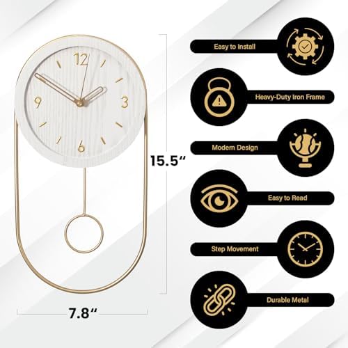 Clockswise 16-Inch Decorative Wall Clock Step Movement Mechanism Metal Frame Wooden Dial and Pendulum Design Battery-Operated Timepiece for Living Room Hallway or Office Décor, White