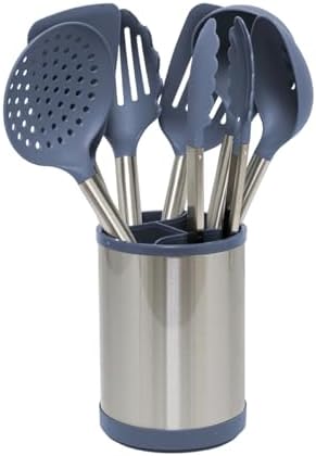 Glad Kitchen Utensils Set, 8pcs - Nonstick Cooking Tools with Stainless Steel Handles & Rotating Utensil Holder - Turners, Ladle, Spoon, Tongs, Spaghetti Server, and Skimmer - Dishwasher Safe, Blue