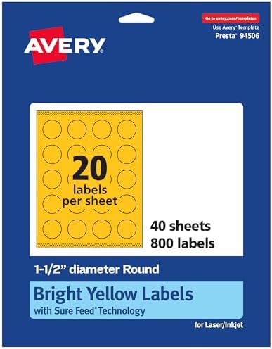 Avery Printable Round Labels, Sure Feed Technology, 1-1/2" Diameter, Bright Yellow Labels, Print-to-The-Edge, Laser/Inkjet Printable, 800 Total, Great for Stickers and Candles
