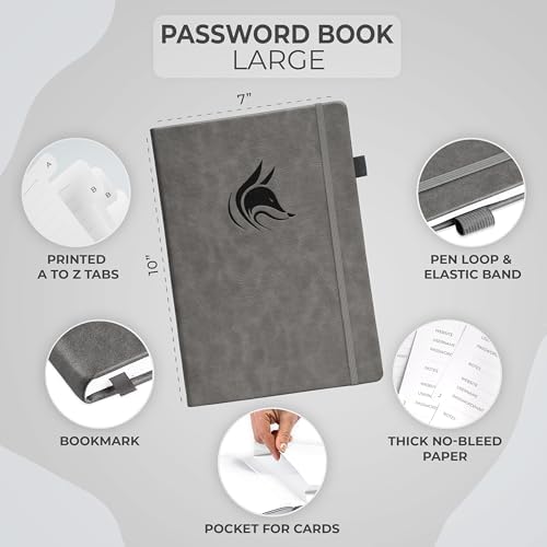Clever Fox Password Book with Alphabetical Tabs, 7"x10" Keeper Grey