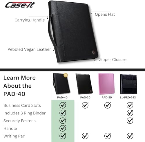 Case-it Zipper Padfolio | Letter Size | 3-Ring Binder | PAD-40 Black