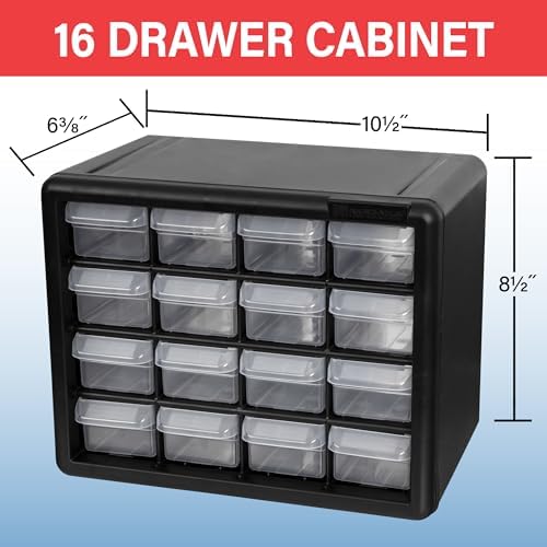 Akro-Mils 16-Drawer Plastic Storage Cabinet, 10.5"W x 6.5"D x 8.5"H, Black