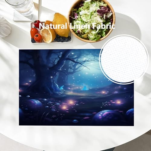 Batmerry Night Forest Glowing Elements Linen Placemats Set of 8, Mysterious Night Forest Scene Washable Table Mats for Kitchen Table Thickened Heat Insulation Dining Set Indoor Outdoor 12X18 in