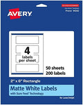 Avery® Matte White Rectangle Labels, Sure Feed® Technology, 2" x 6", 200 Matte White Printable Labels