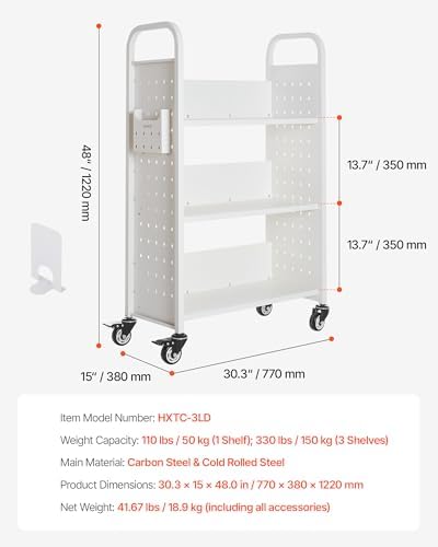 VEVOR Rolling Library Book Cart, 330 lbs Capacity, 30.3 x 15 x 48.0-Inch Library Cart, Single Sided L-Shaped Shelves with 3-Inch Lockable Wheels, Book Truck for Home Shelves Office and School, White