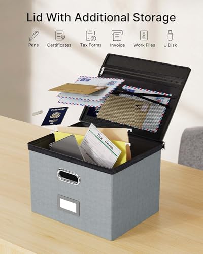 Oterri File Box Large 2-Pack Hanging Organizer for Letter/Legal-Size Folder | Dustproof Lid. 3 Mesh Pockets. Collapsible Scratch-Resistant GRS Linen. Slide Rails. Office, Home, Dorm