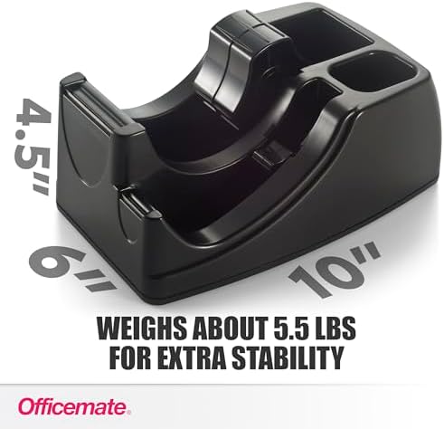 Officemate 2-in-1 Heavy Duty Tape Dispenser - Fits 1 Inch and 3-Inch Cores, Weighted 5.5 lb Base for Stability, Holds Packing and Standard Tape, Storage Compartment for Office Supplies, Black