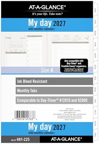 AT-A-GLANCE 2027 Planner Refill Daily, 5.5" x 8.5", Desk Size 4, Two Page Per Day Refill, 7-Ring Loose-Leaf (481-225-27)