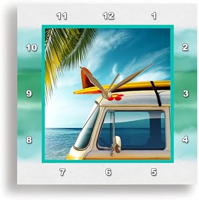 3dRose Wall Clock Silent - 15 inch - Vintage Van with Surfboard - Designs General Themes