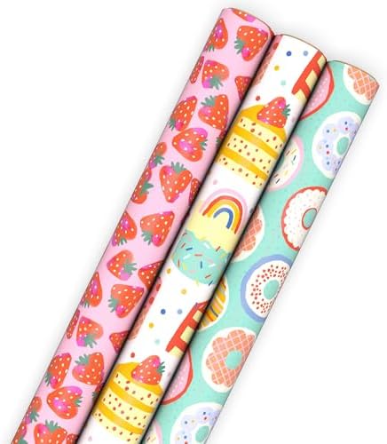 Hallmark Donuts and Strawberry Wrapping Paper Rolls for Birthdays, Valentine's Day, Teacher Appreciation (Set of 3 Rolls: 75 Sq. Ft. Total) Pink, Teal, White, Rainbow, Confetti