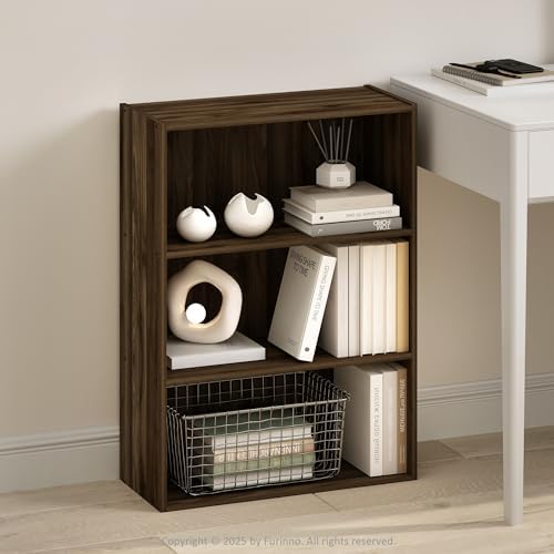 Furinno Simple Book Shelf, 3-Tier Bookshelf, Storage Shelves Bookcase, 9.7 x 23.7 x 31.5, for Living Room, Bedroom, Home Office, Columbia Walnut