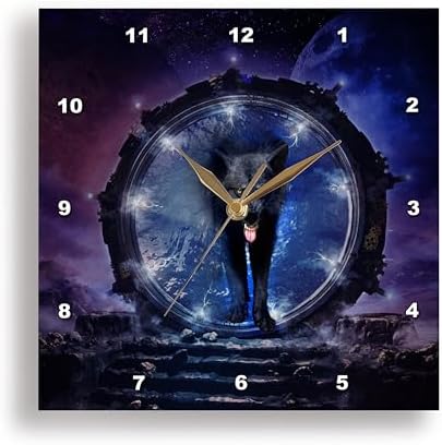 3dRose Wall Clock Silent - 13 inch - Awesome Black Wolf in The Night - Köhnen Design - Animal