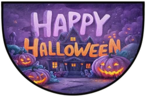 Halloween Castle Pumpkin Half Round Door Mat, Non-Slip Welcome Indoor Entrance Way Rug Semi Circle Front Doormats Washable Bathroom Kitchen Floor Mat, Outdoor Rugs for Garage, Patio, Hearth Rug