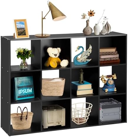 SUPER DEAL 12 Cube Storage Organizer, Open Shelf Bookcase, Wood Cubical Shelves Closet Cabinet Display Unit with 6 Removable Back Panels for Living Room Bedroom, 47 inch Wide, Black