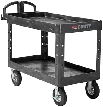 Rubbermaid Commercial Products BRUTE Heavy Duty 2-Shelf Utility/Service Cart, Pneumatic Casters, Medium, Lipped Shelves, Ergonomic Handle, 750 lb Capacity, Black, for Warehouse/Garage/Cleaning/Office